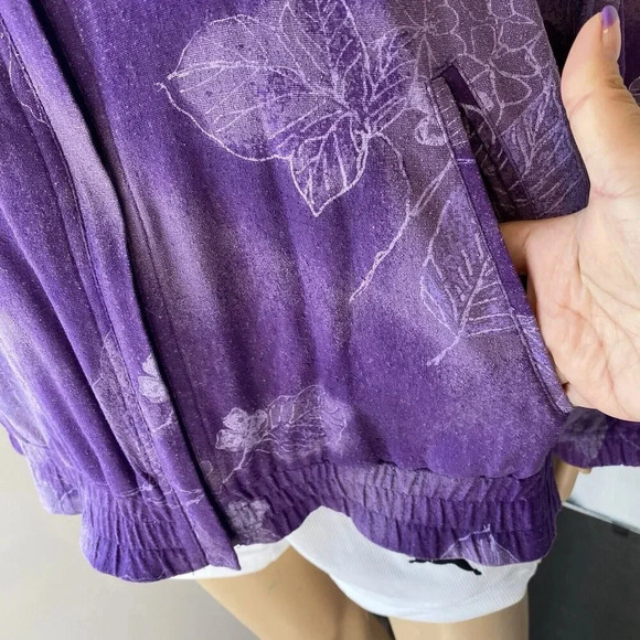 VTG CA Sport 100% Silk Full Zip Jacket Womens M Leaf Floral Pocket Purple - Picture 7 of 9